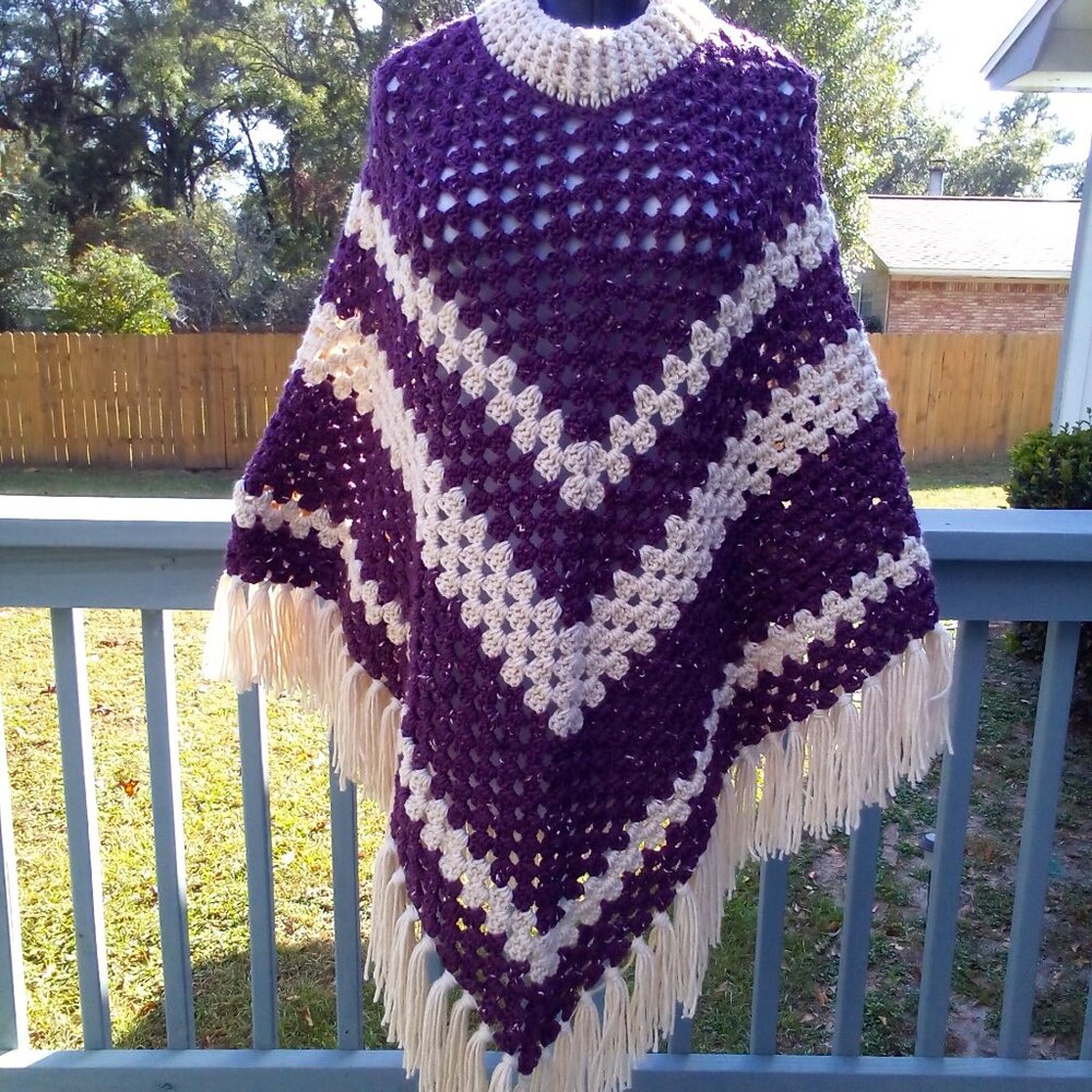 Hand Crafted Two-Tone Poncho, Color Cream and Tweed Plum, One Size fit most.